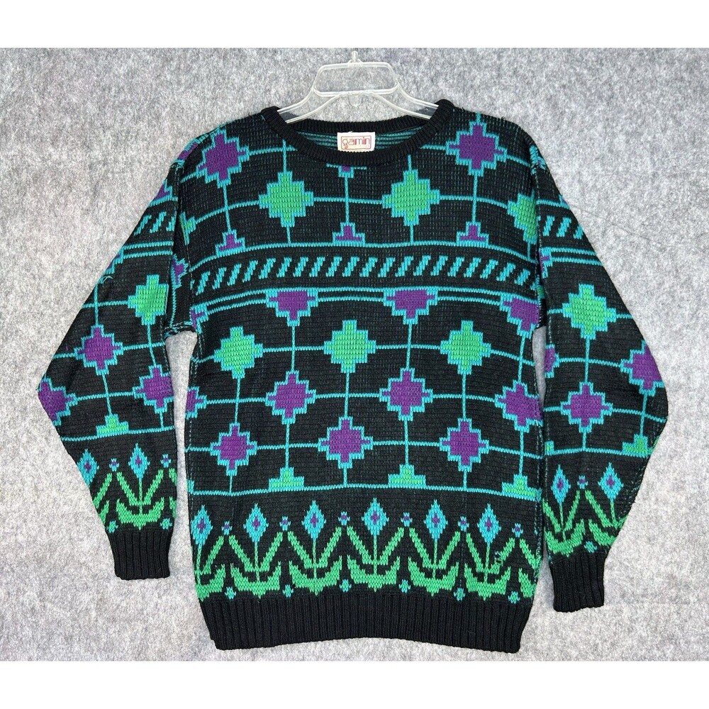 Vtg Gamin Women’s Geometric 80s Floral Black Green Sweater M Acrylic Quirky